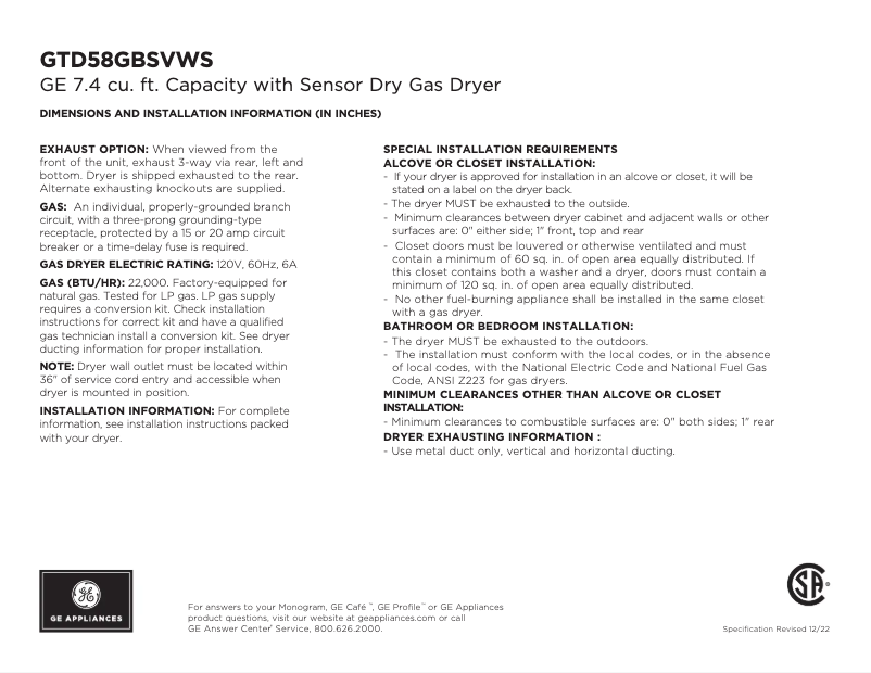 Page 1 of the manual Technical Sheet GE Sensor Dry GTD58GBSVWS