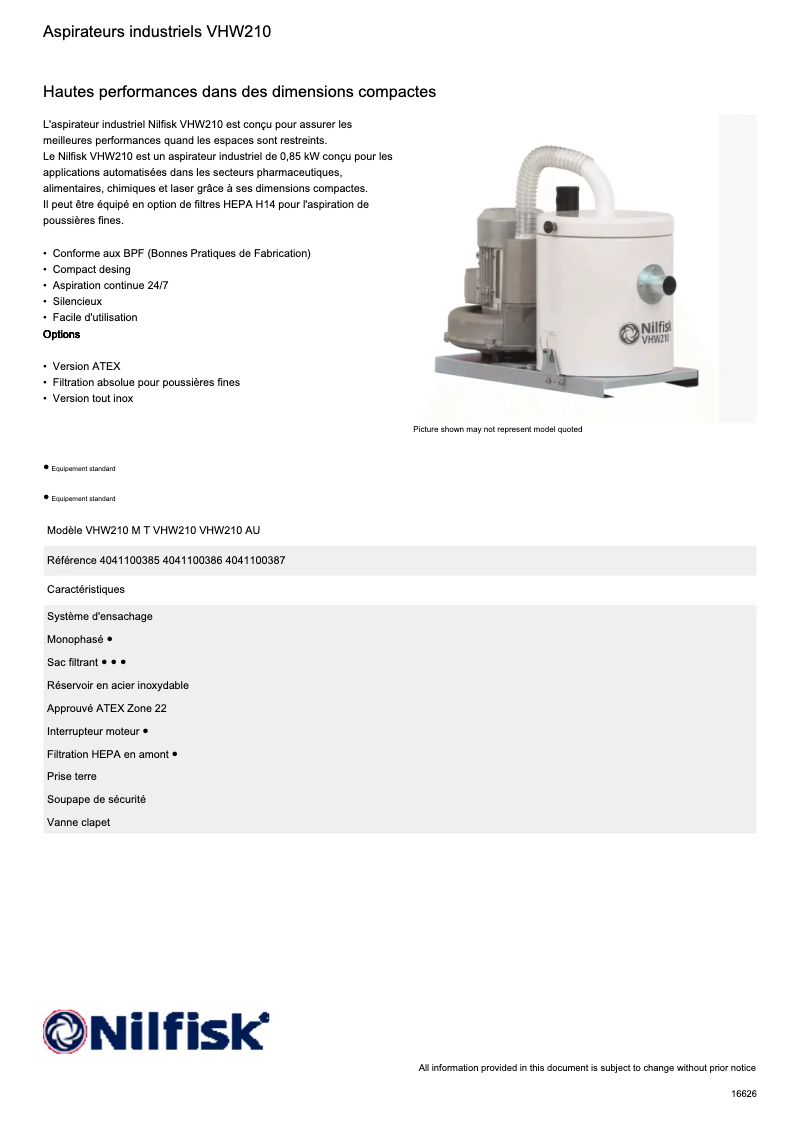 Page n°1 - Fiche technique Nilfisk VHW210