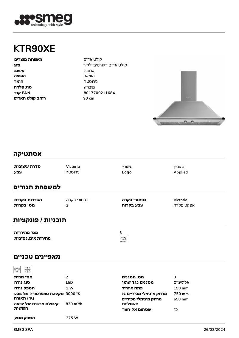 Page 1 de la notice Fiche technique Smeg KTR90XE