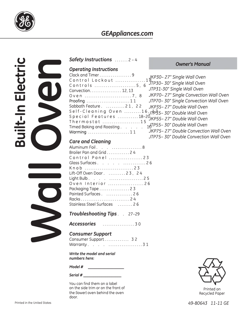Page n°1 - Manuel d'utilisation et d'entretien GE JTP55DPWW