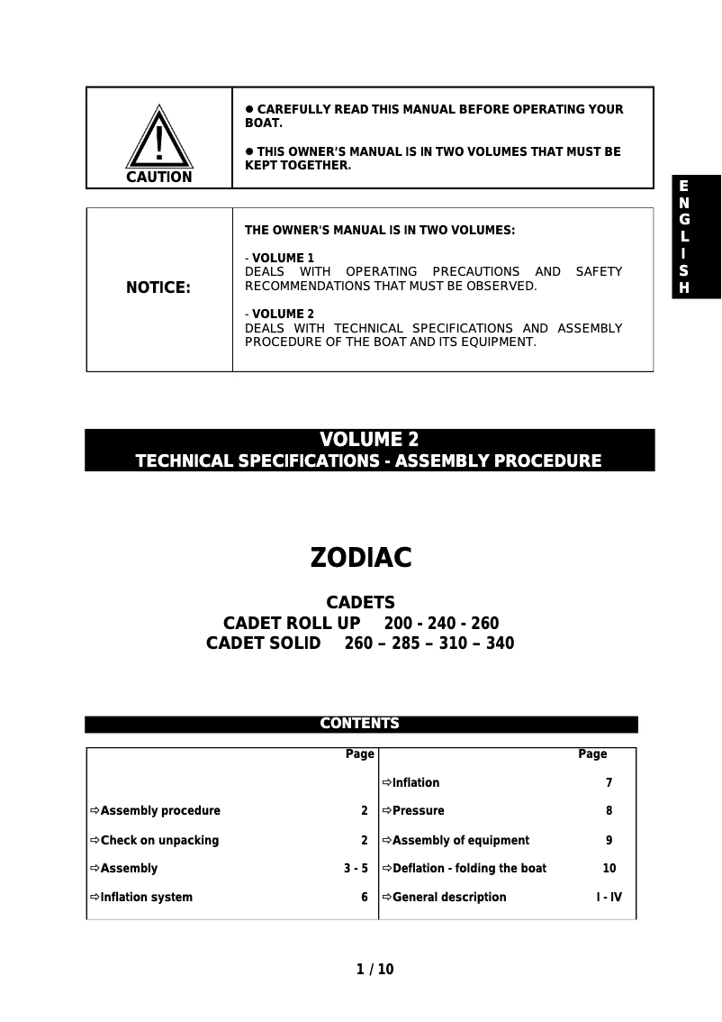 Page 1 de la notice Manuel utilisateur Zodiac Cadet 310 Solid