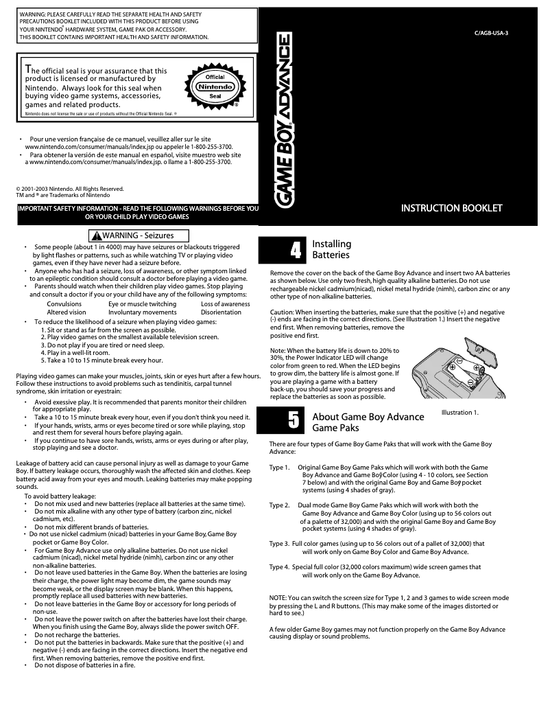 Imagen de la primera página del manual del dispositivo Game Boy Advance