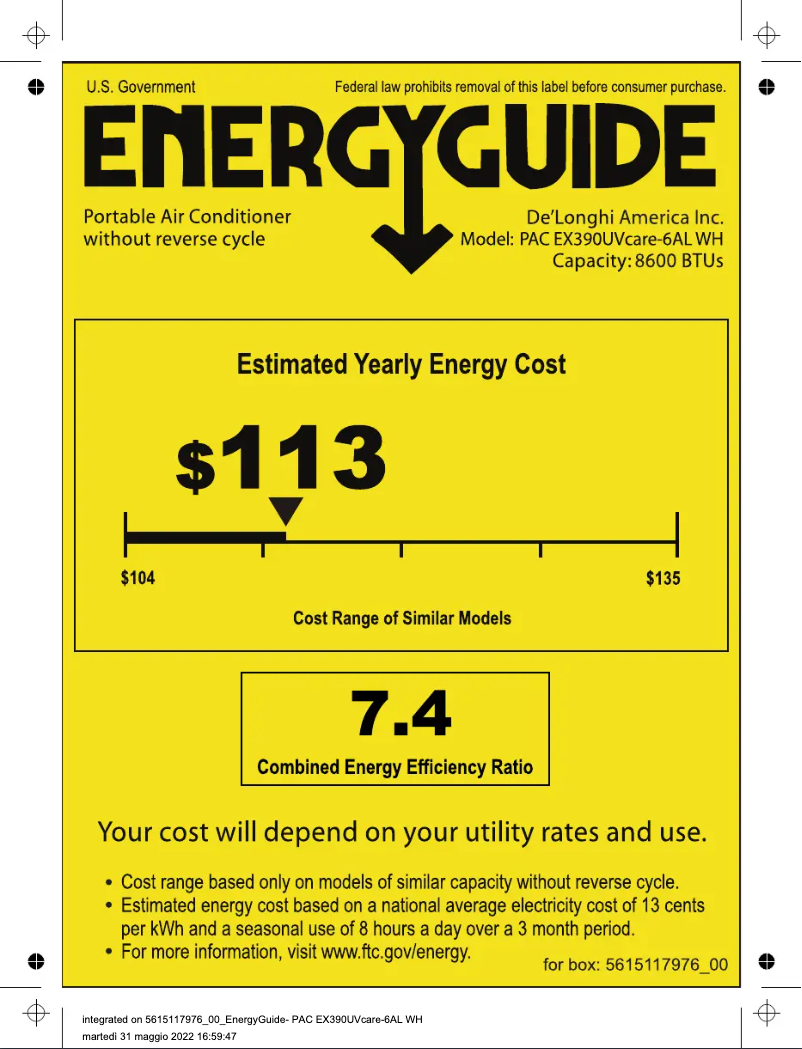 Page 1 de la notice Label énergétique DeLonghi Pinguino PACEX390UVCARE-6ALWH