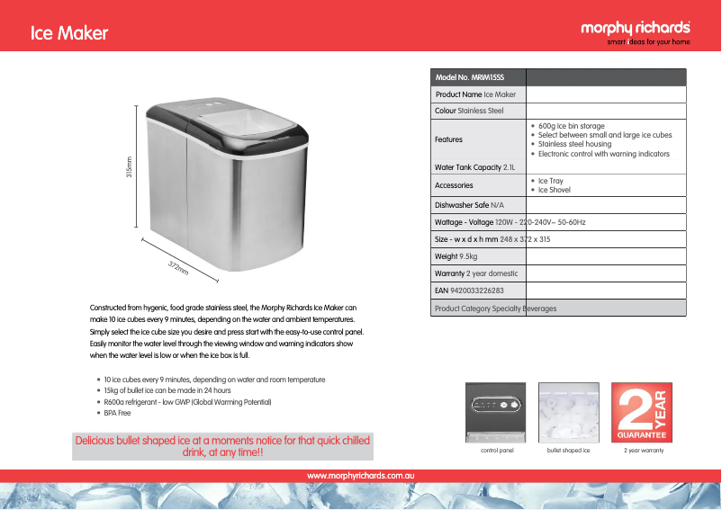 Page 1 de la notice Fiche technique Morphy Richards MRIM15SS