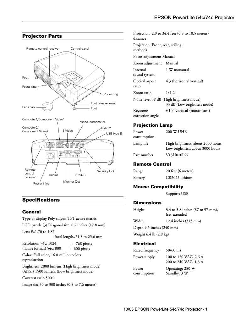 Image de la première page du manuel de l'appareil PowerLite 74c