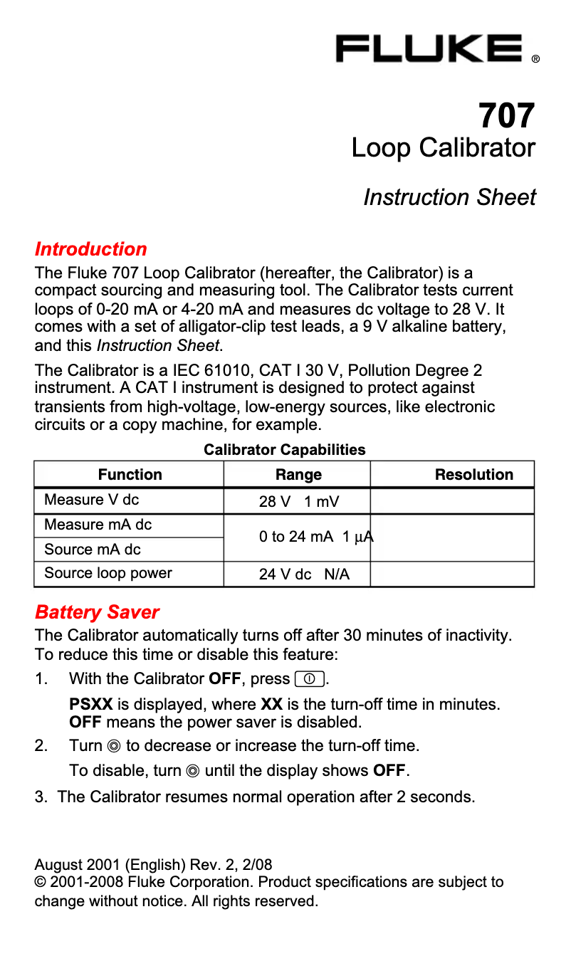 Page 1 de la notice Instructions / montage Fluke 707