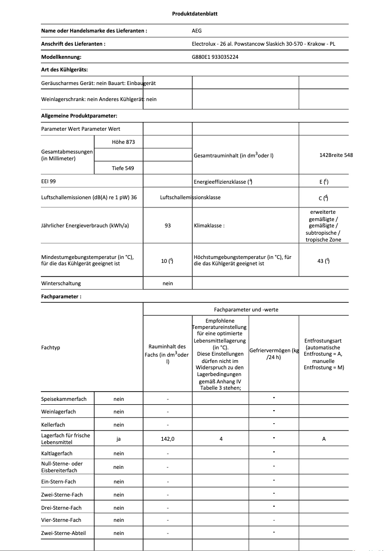 Page n°1 - Fiche technique AEG G880E1