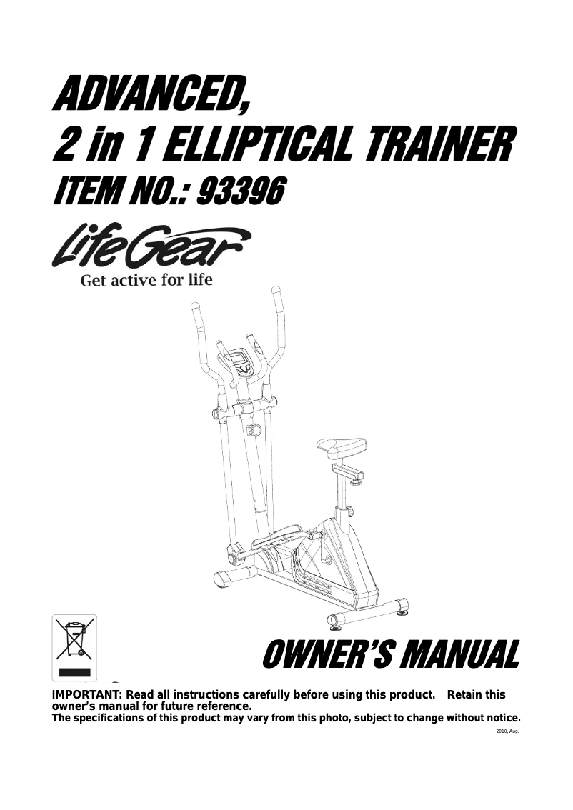 Image de la première page du manuel de l'appareil Advanced 2 in 1 Elliptical Trainer 93396