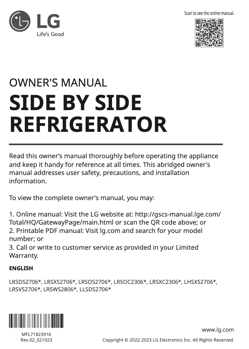 Page 1 de la notice Manuel utilisateur LG LRSXS2706S