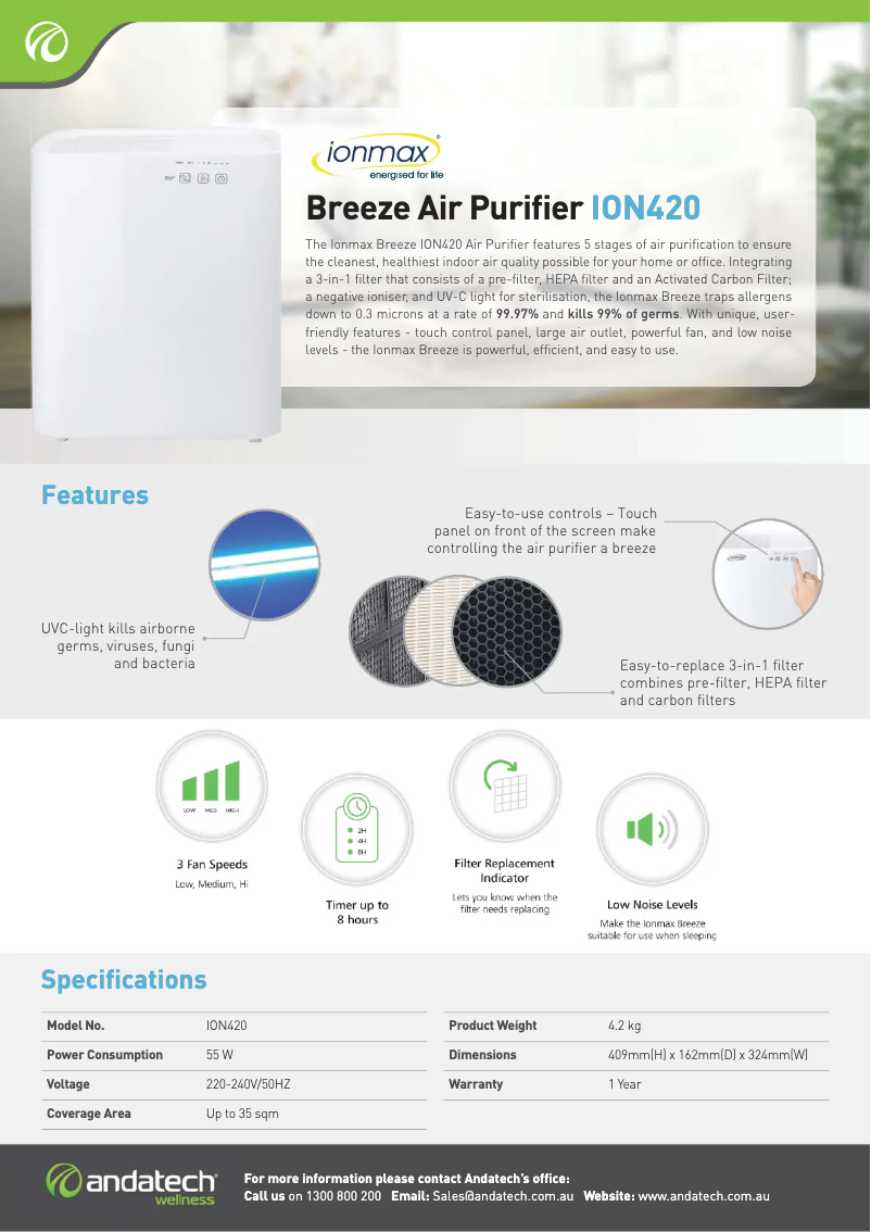 Page 1 de la notice Fiche technique Ionmax Breeze ION420