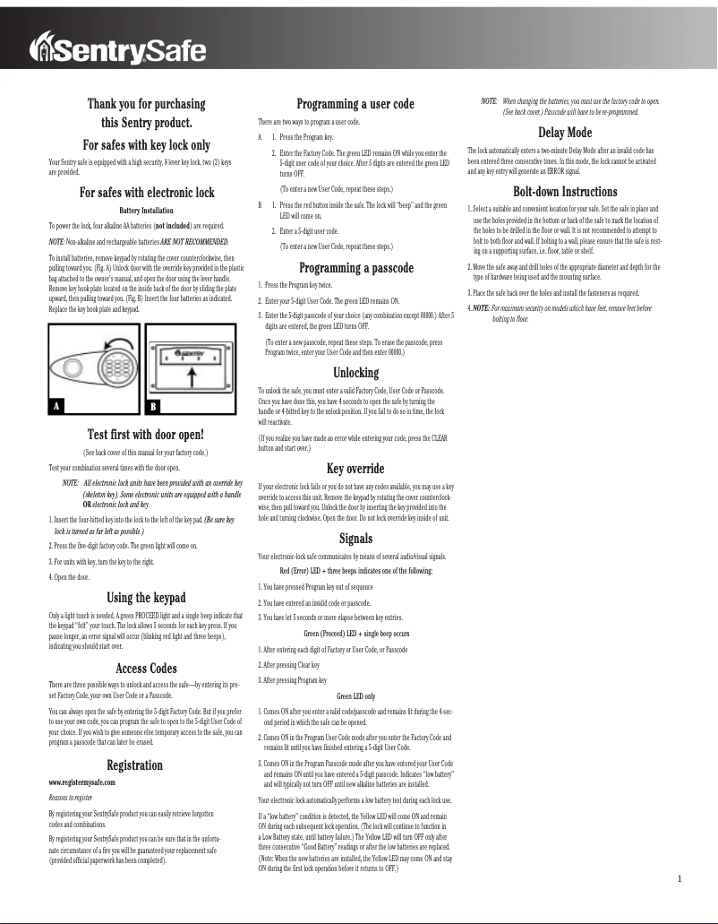 Page 1 de la notice Manuel utilisateur SentrySafe T6-331