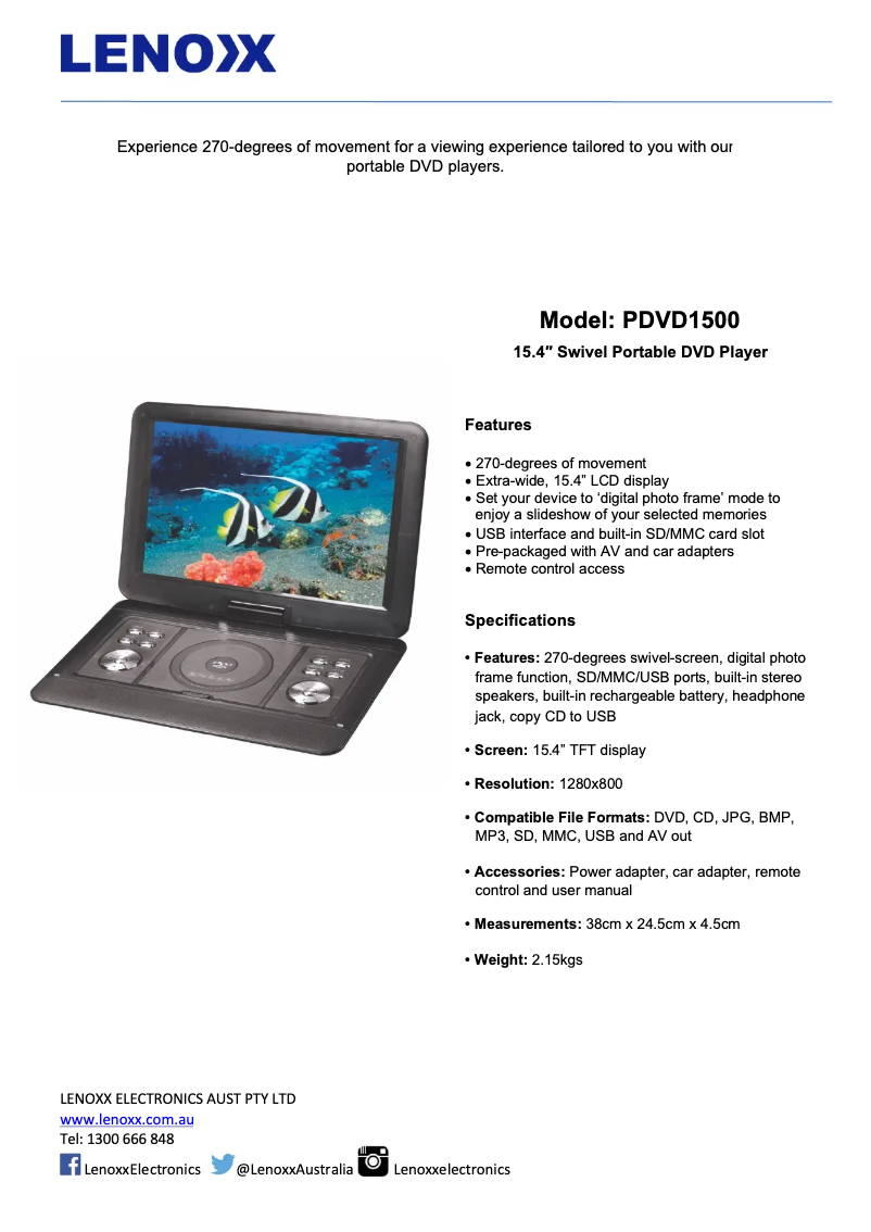 Page 1 de la notice Manuel utilisateur Lenoxx PDVD1500