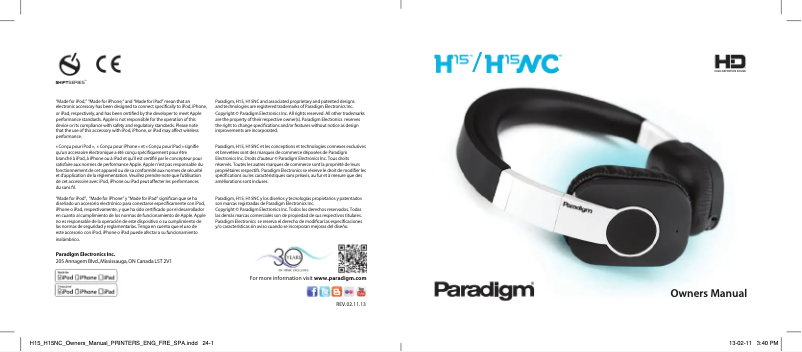 Page 1 de la notice Manuel utilisateur Paradigm Shift H15