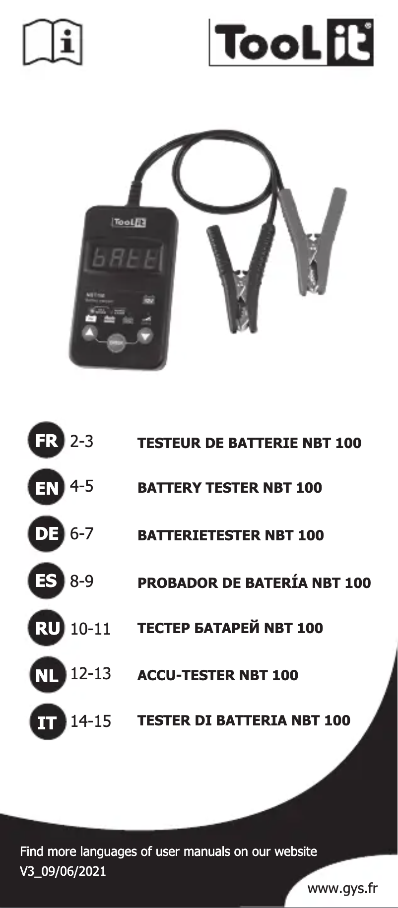 Page n°1 - Manuel utilisateur GYS Tool It NBT 100