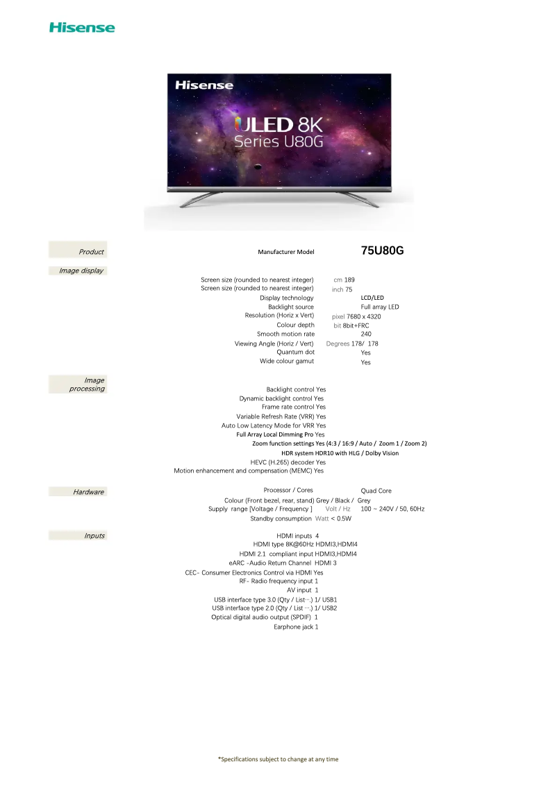 Page n°1 - Fiche technique Hisense 75U80G