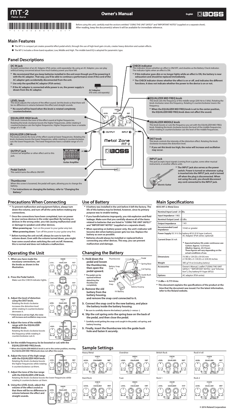 Page 1 de la notice Manuel utilisateur Boss Metal Zone MT-2