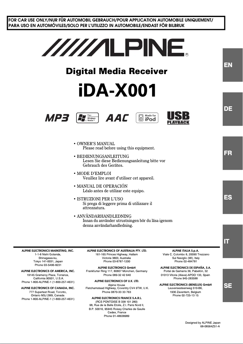 Page n°1 - Manuel utilisateur Alpine iDA-X001
