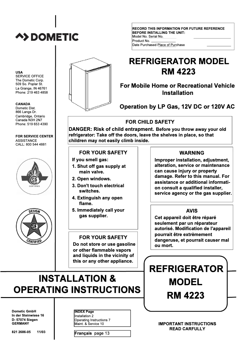 Página 1 del manual Manual de usuario Dometic RM 4223
