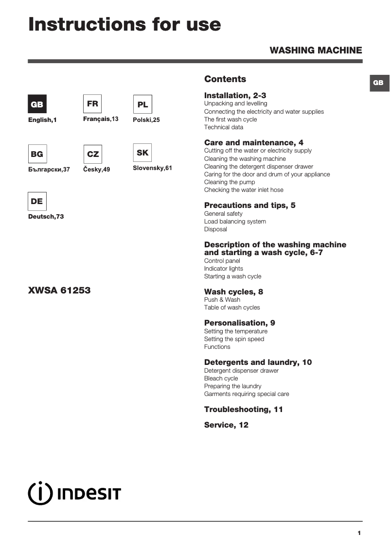 Page 1 de la notice Manuel utilisateur Indesit XWSA 61253 W EU