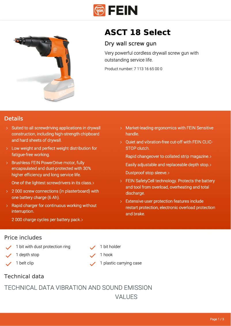 Página 1 del manual Ficha técnica Fein ASCT 18 Select