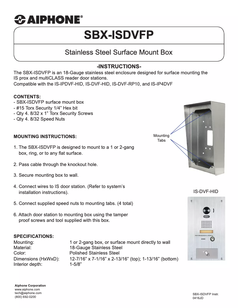 Page n°1 - Manuel utilisateur Aiphone SBX-ISDVFP