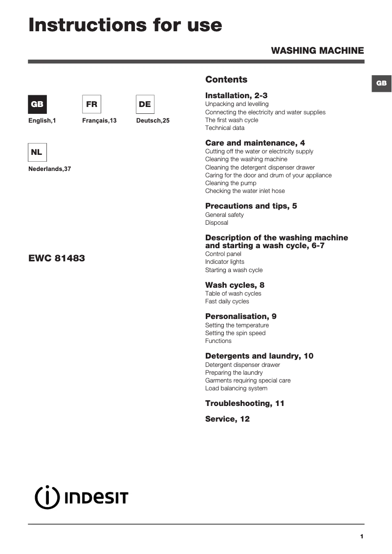 Page 1 de la notice Manuel utilisateur Indesit EWC 81483 W EU