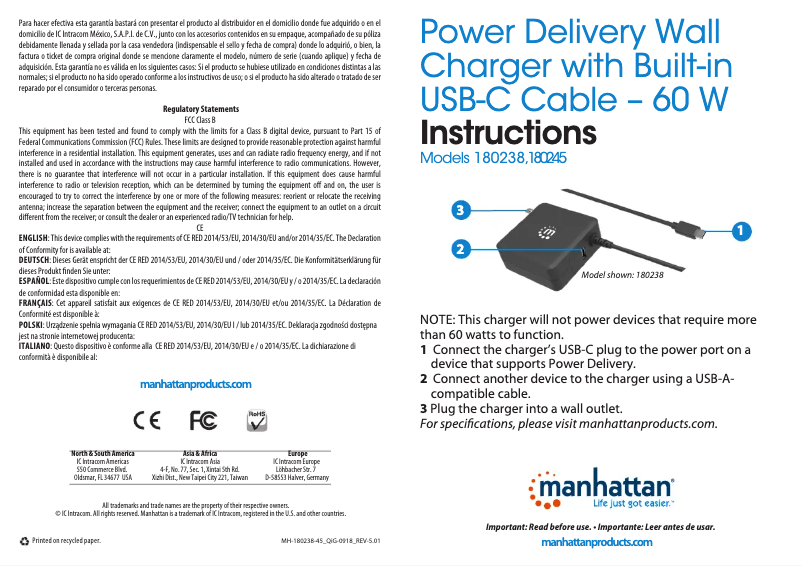 Page 1 de la notice Manuel utilisateur Manhattan 180245
