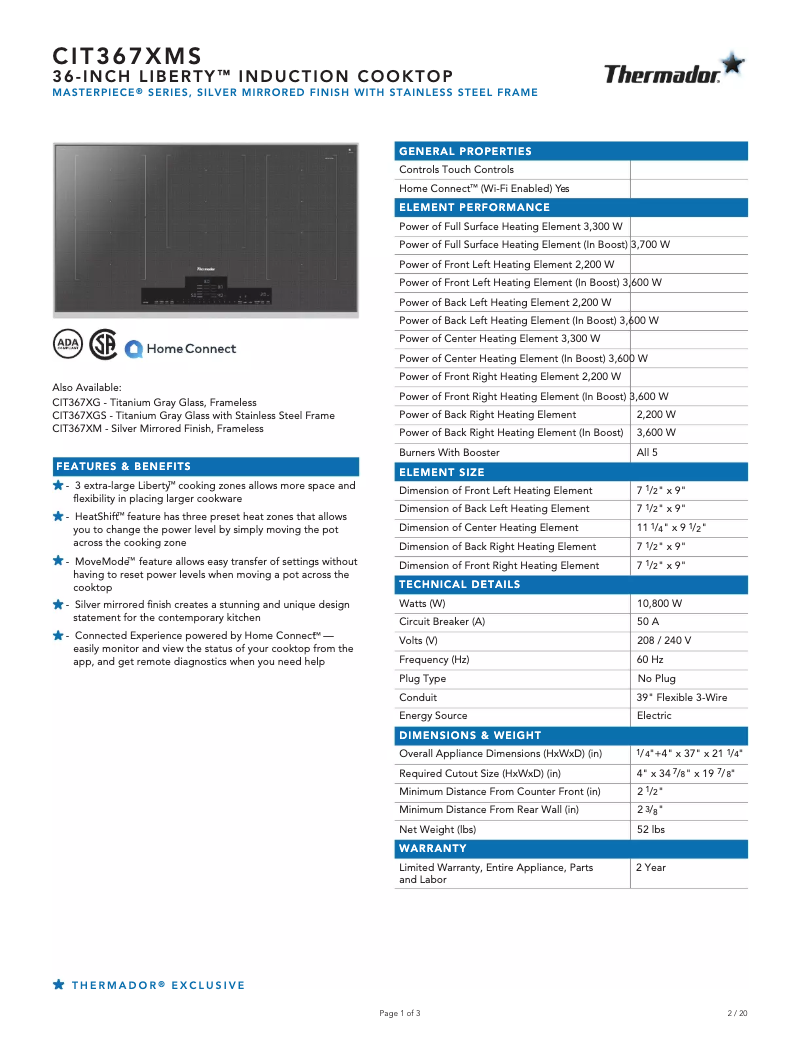 Page 1 de la notice Fiche technique Thermador CIT367XMS