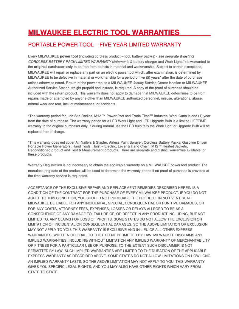 Page 1 de la notice Informations de garantie Milwaukee 2962-20