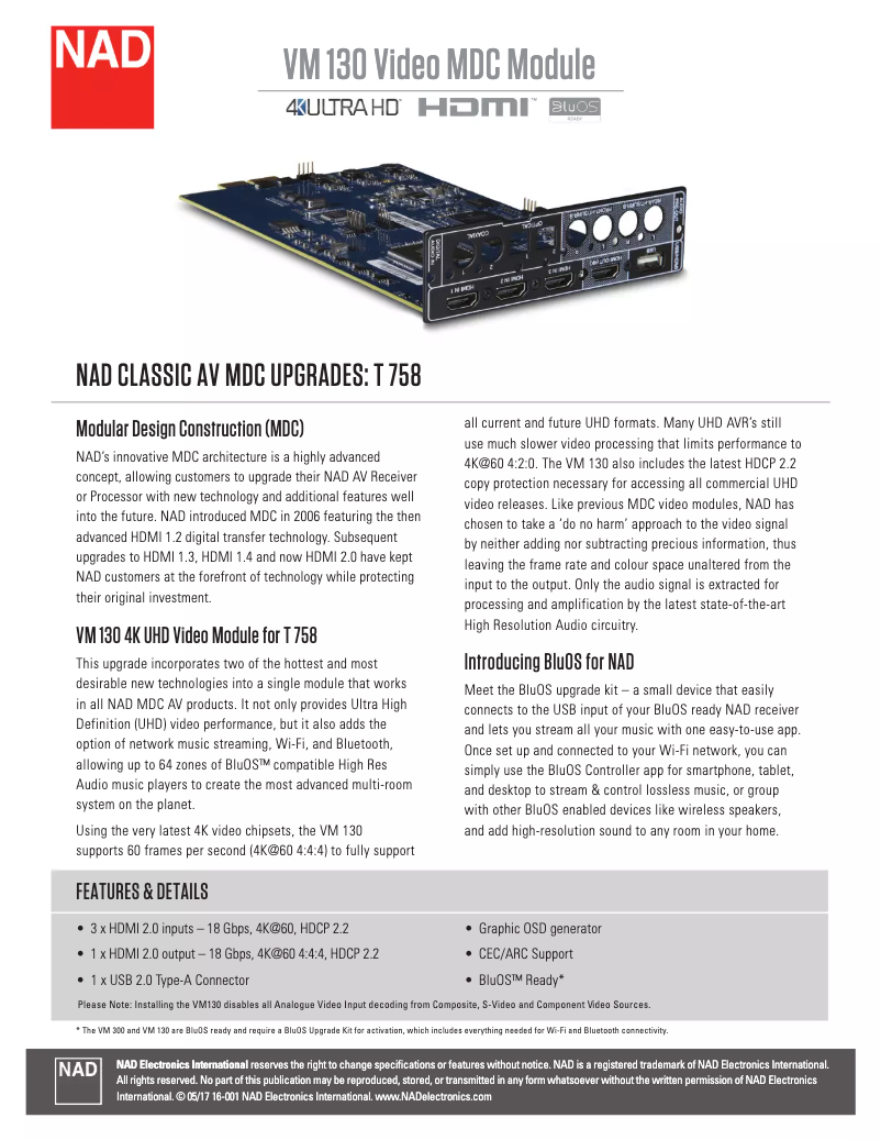 Page 1 de la notice Fiche technique NAD VM 130