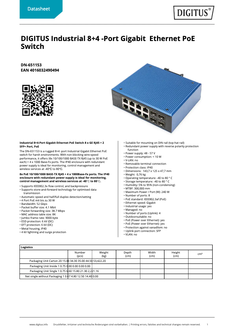 Page 1 de la notice Fiche technique Digitus DN-651153