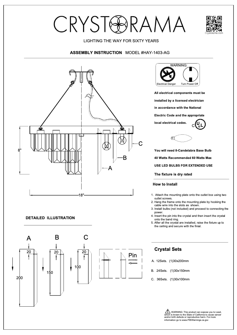Page 1 de la notice Manuel utilisateur Crystorama Hayes HAY-1403-AG