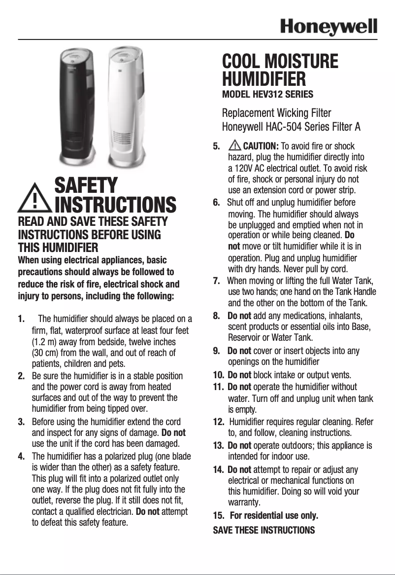 Page 1 de la notice Manuel utilisateur Honeywell HEV312