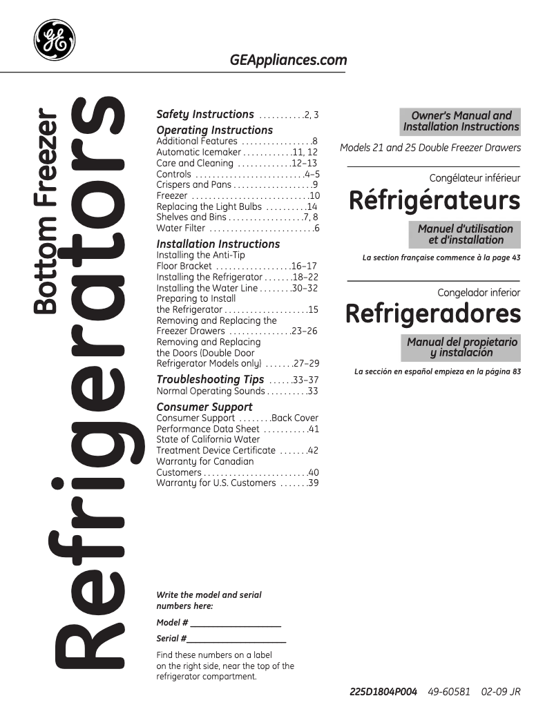 Page 1 de la notice Manuel d'utilisation et d'entretien GE PGCS1PJYSS