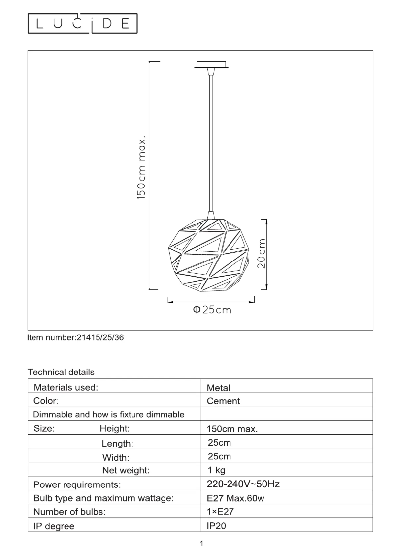 Page 1 de la notice Manuel utilisateur Lucide Malunga 21415/25/36