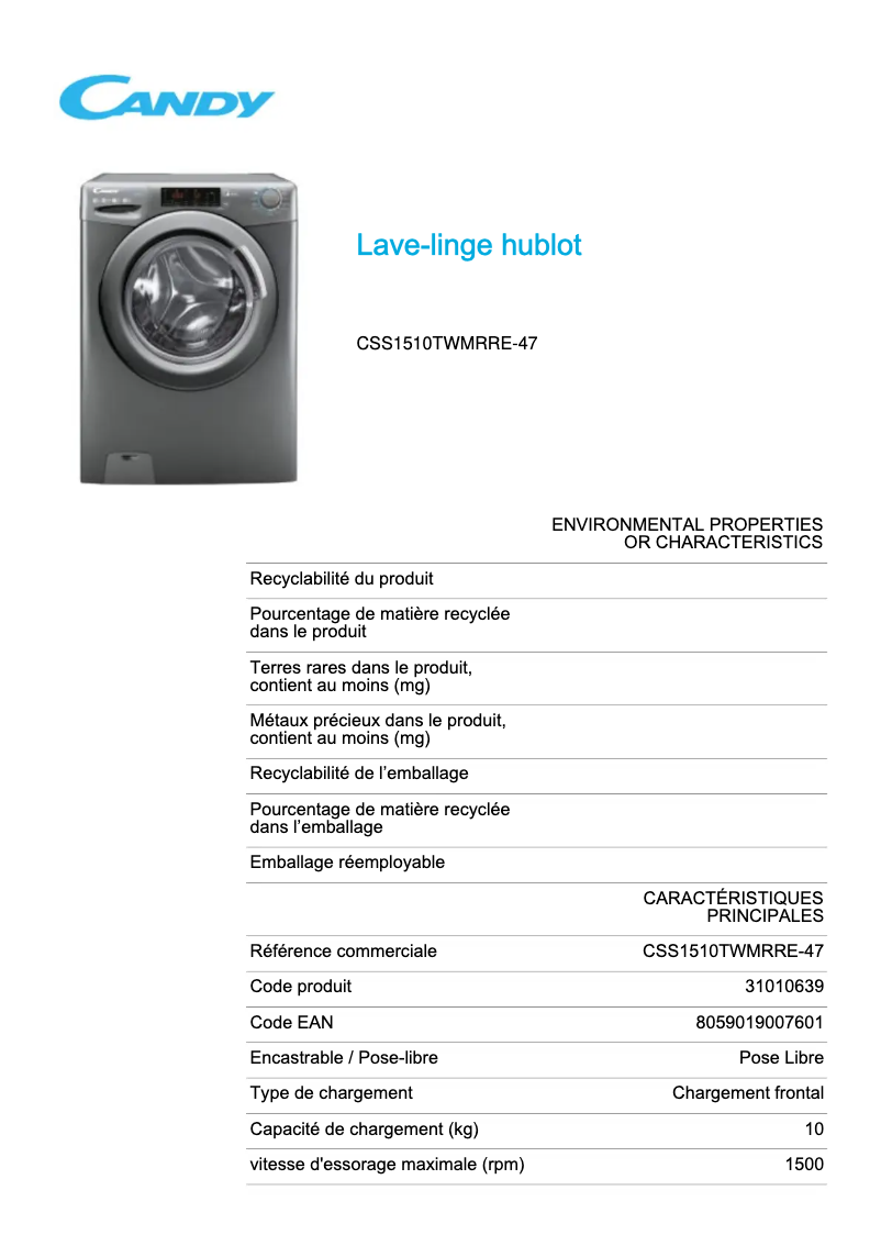 Page 1 de la notice Fiche technique Candy CSS1510TWMRRE-47