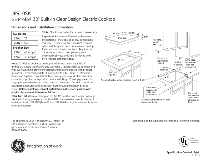 Page n°1 - Fiche technique GE Profile JP910SKSS