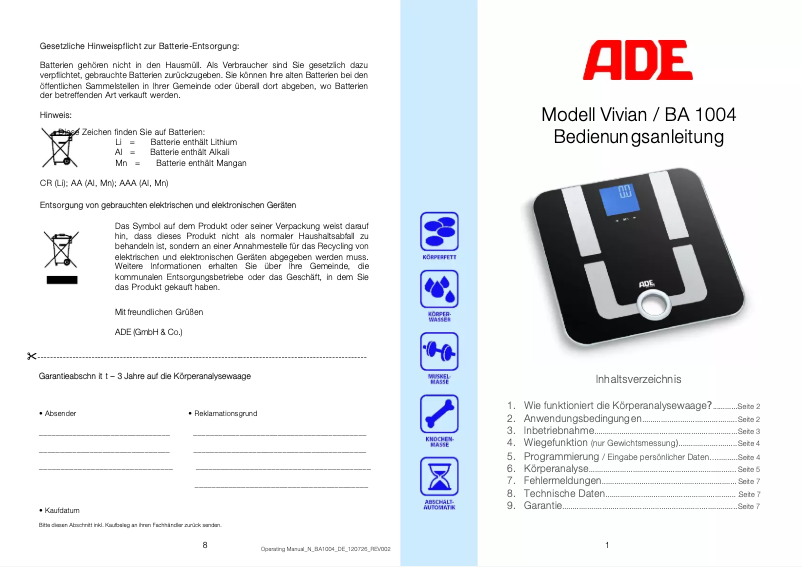 Page 1 de la notice Manuel utilisateur ADE Vivian BA 1004