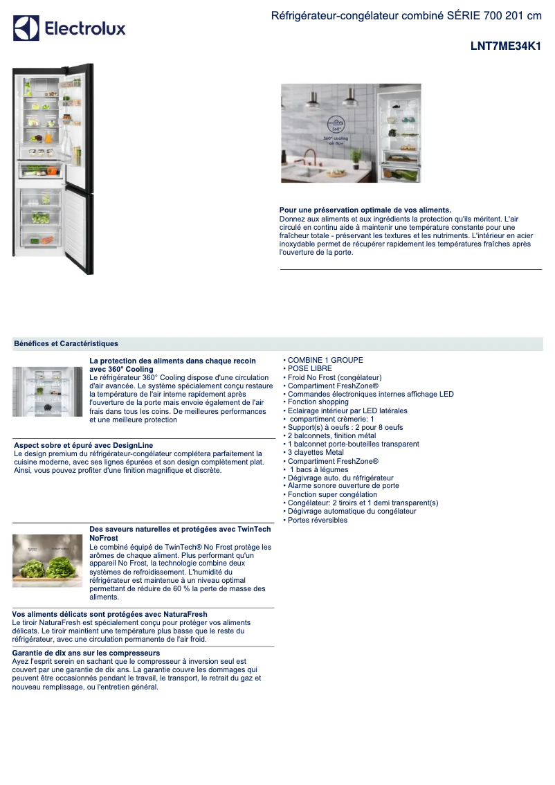 Page 1 de la notice Fiche technique Electrolux LNT7ME34K1