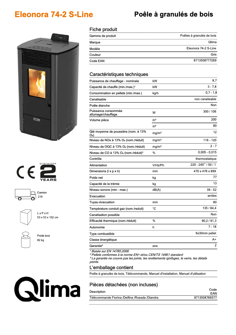 Page 1 de la notice Fiche technique Qlima Eleonora 74-2 S-line