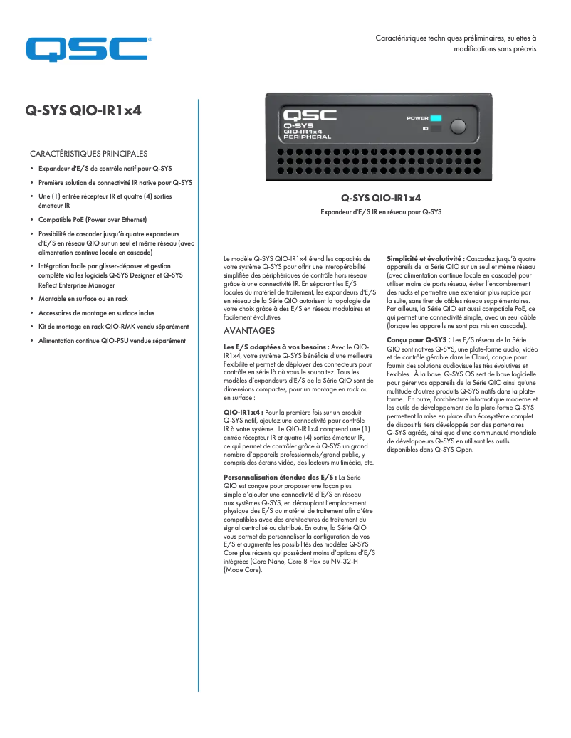 Page 1 de la notice Fiche technique QSC QIO-IR1x4