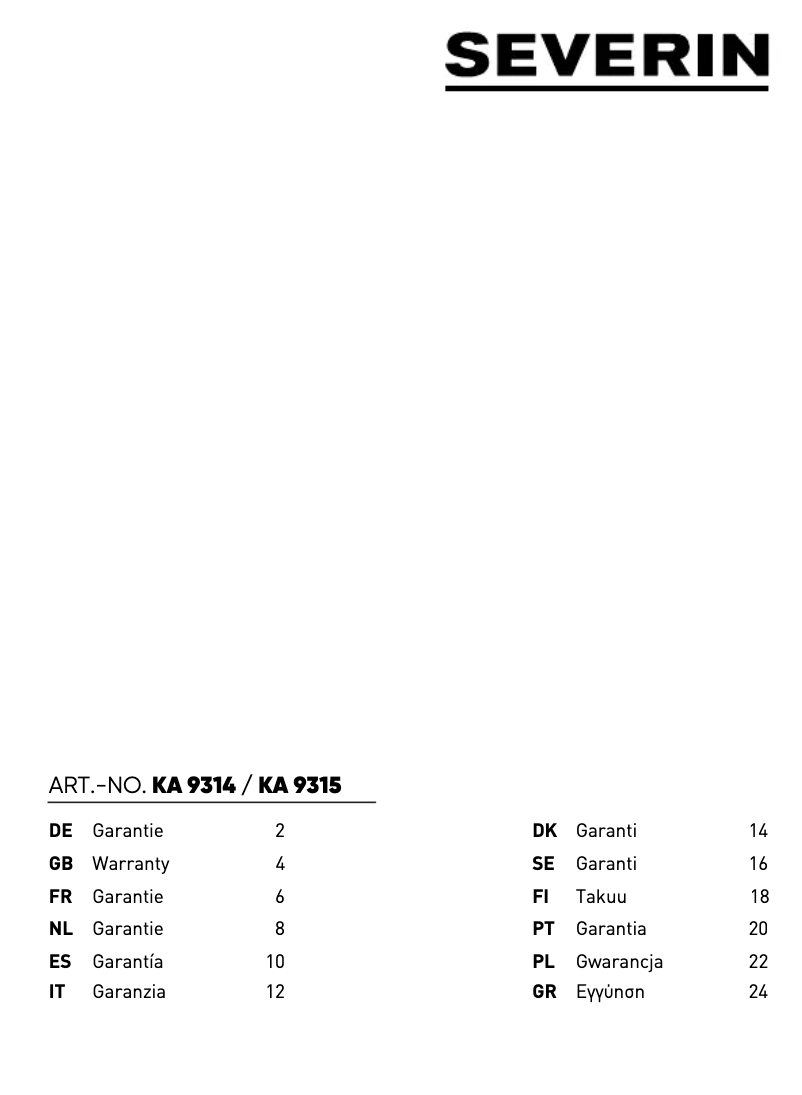 Page 1 de la notice Informations de garantie Severin KA 9315