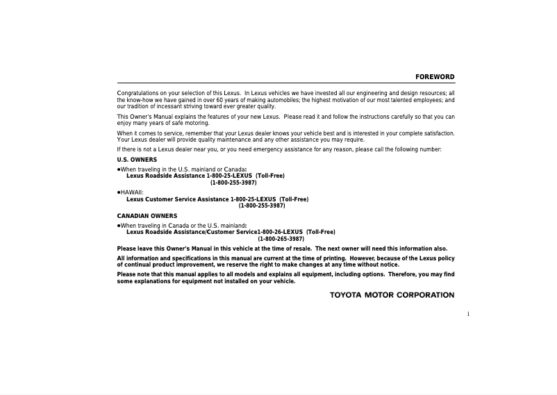 Page 1 de la notice Manuel utilisateur Lexus SC 430 (2004)