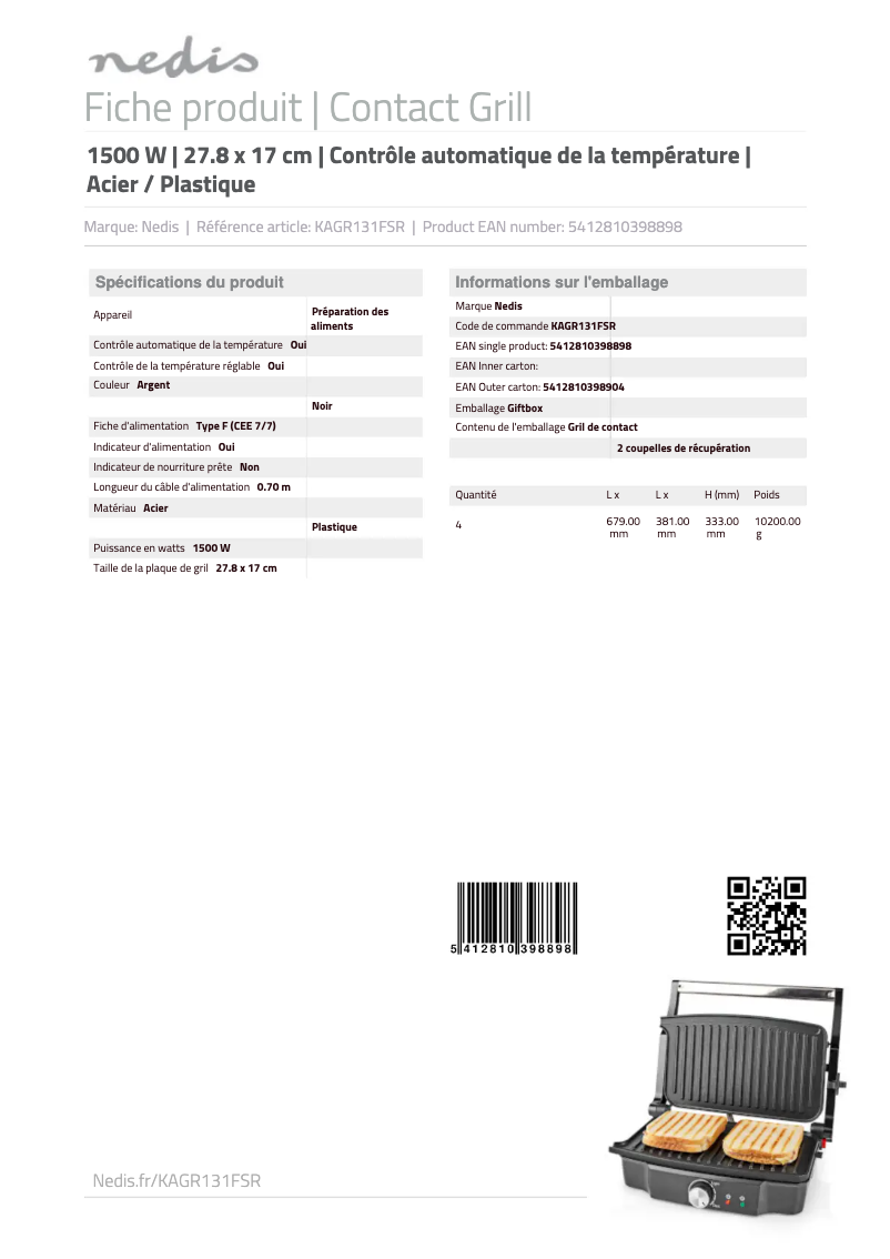 Page 1 de la notice Fiche technique Nedis KAGR131FSR