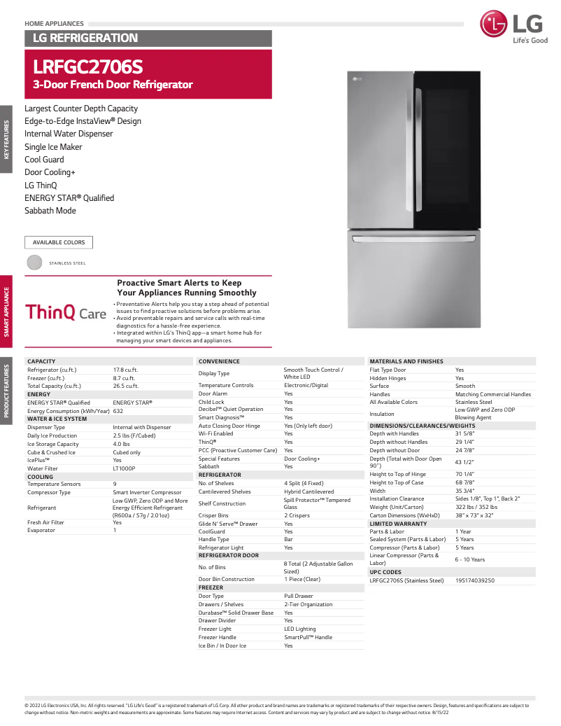 Page 1 de la notice Fiche technique LG LRFGC2706S