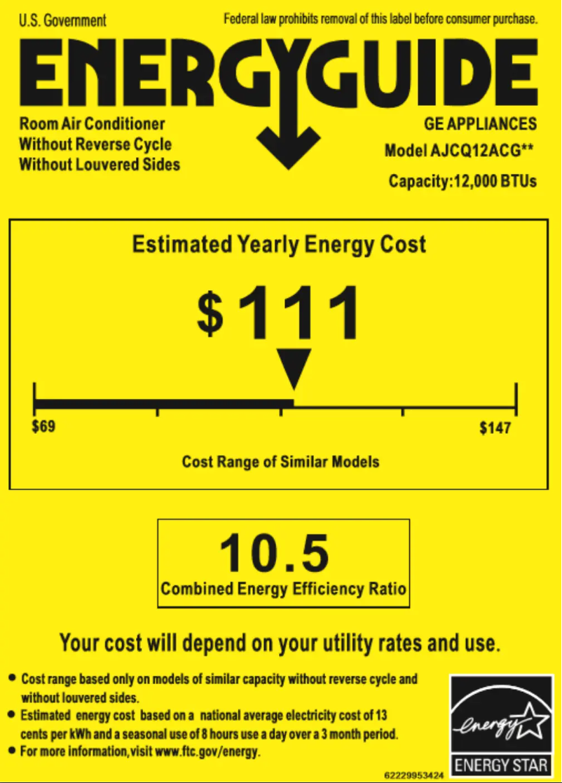 Page 1 de la notice Label énergétique GE AJCQ12ACG