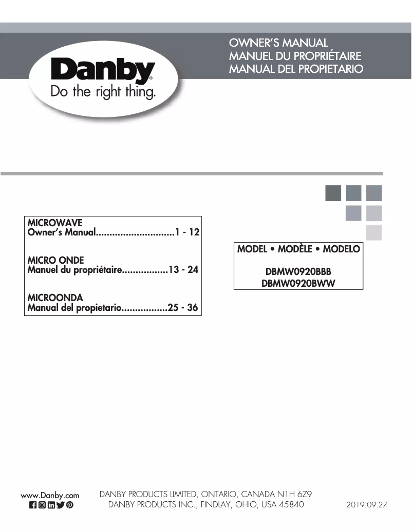 Page n°1 - Manuel utilisateur Danby DBMW0920BWW