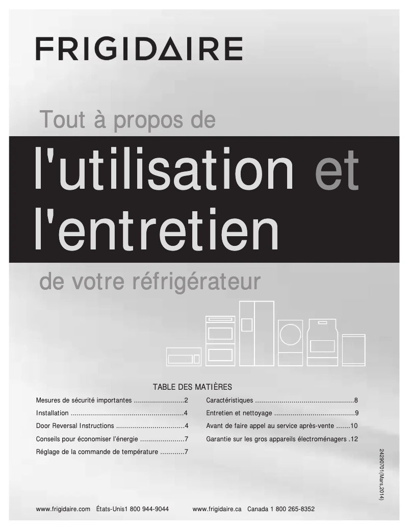 Page 1 de la notice Manuel utilisateur Frigidaire FFET1222QW