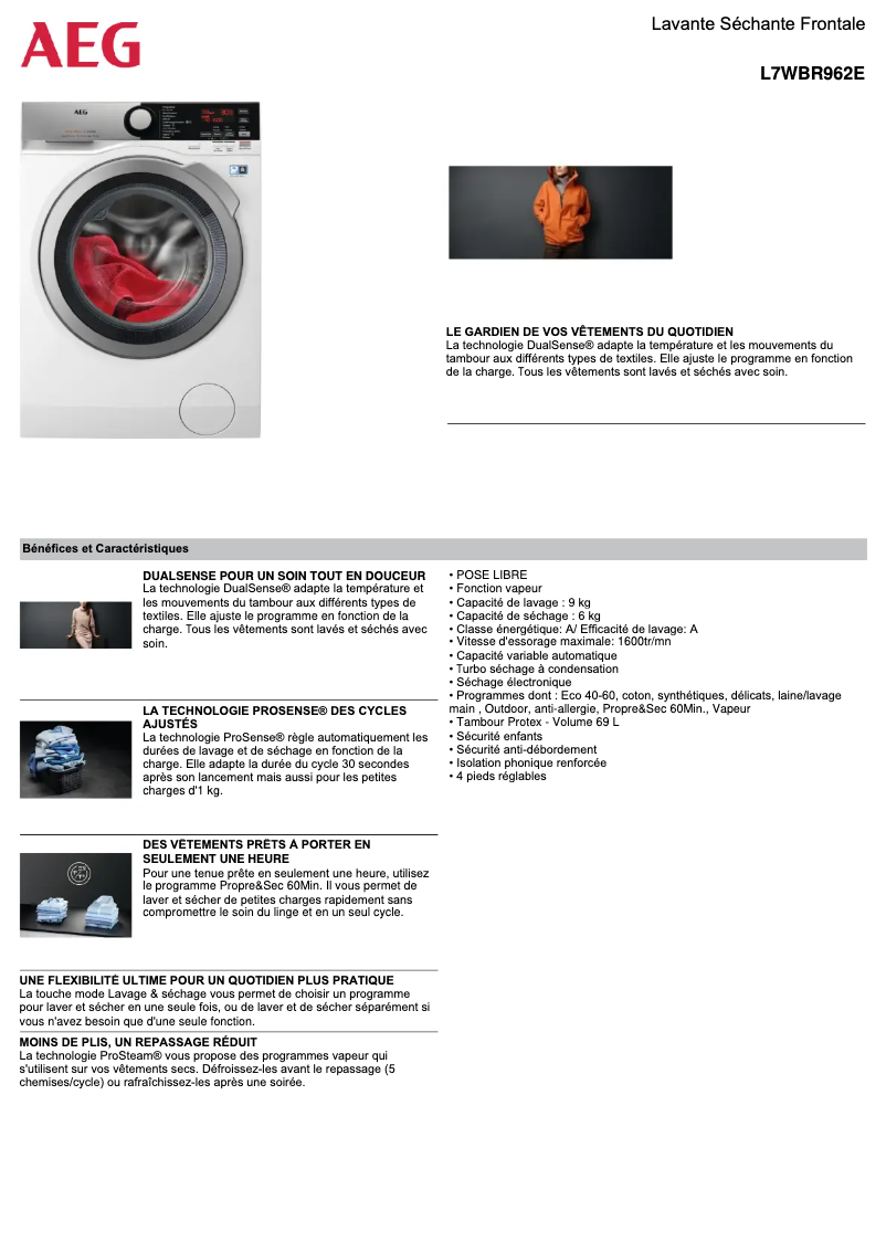 Página 1 del manual Ficha técnica AEG L7WBR962E