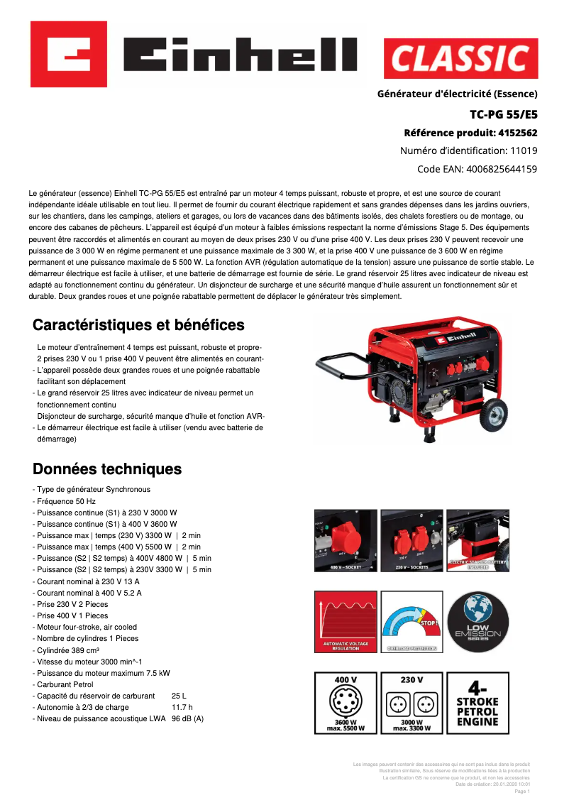 Page 1 de la notice Fiche technique Einhell TC-PG 55/E5